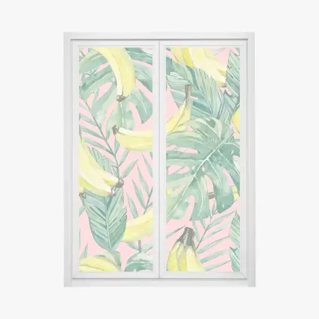 Fensteraufkleber aquarell-bananen und blättermuster auf rosa hintergrund – Pixers®