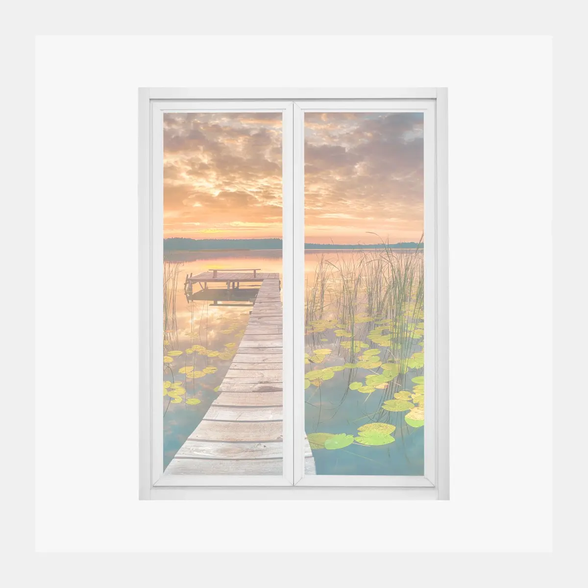 Fensteraufkleber sonnenaufgang über stillem see mit hölzernem steg – Pixers®