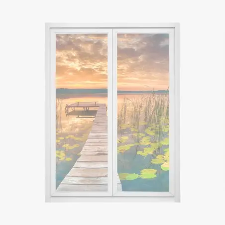 Fensteraufkleber sonnenaufgang über stillem see mit hölzernem steg – Pixers®