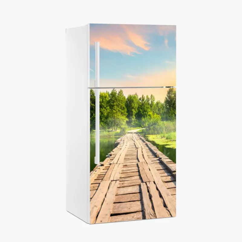 Kühlschrankaufkleber sonnige hölzerne brücke über ruhigen see