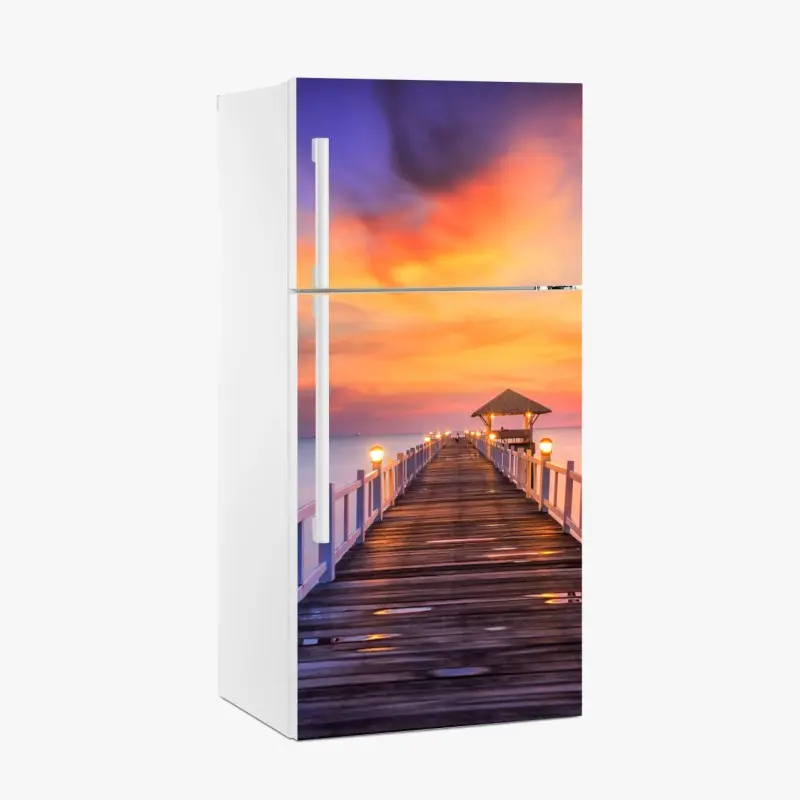 Kühlschrankaufkleber holzsteg im sonnenaufgang