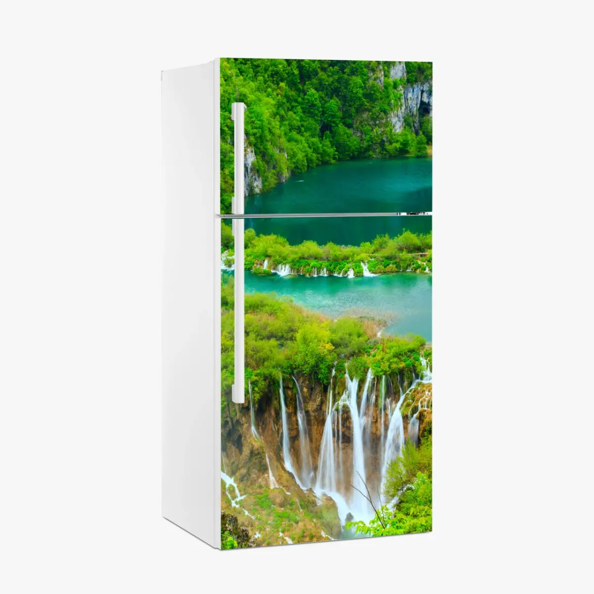 Kühlschrankaufkleber üppiger wasserfall und türkise seen – Pixers®