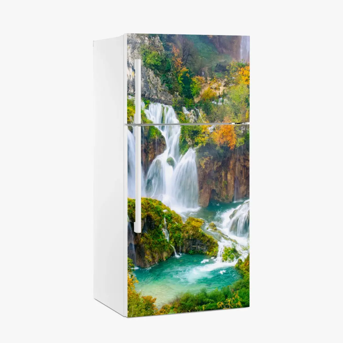 Kühlschrankaufkleber türkisfarbener wasserfall im herbst – Pixers®