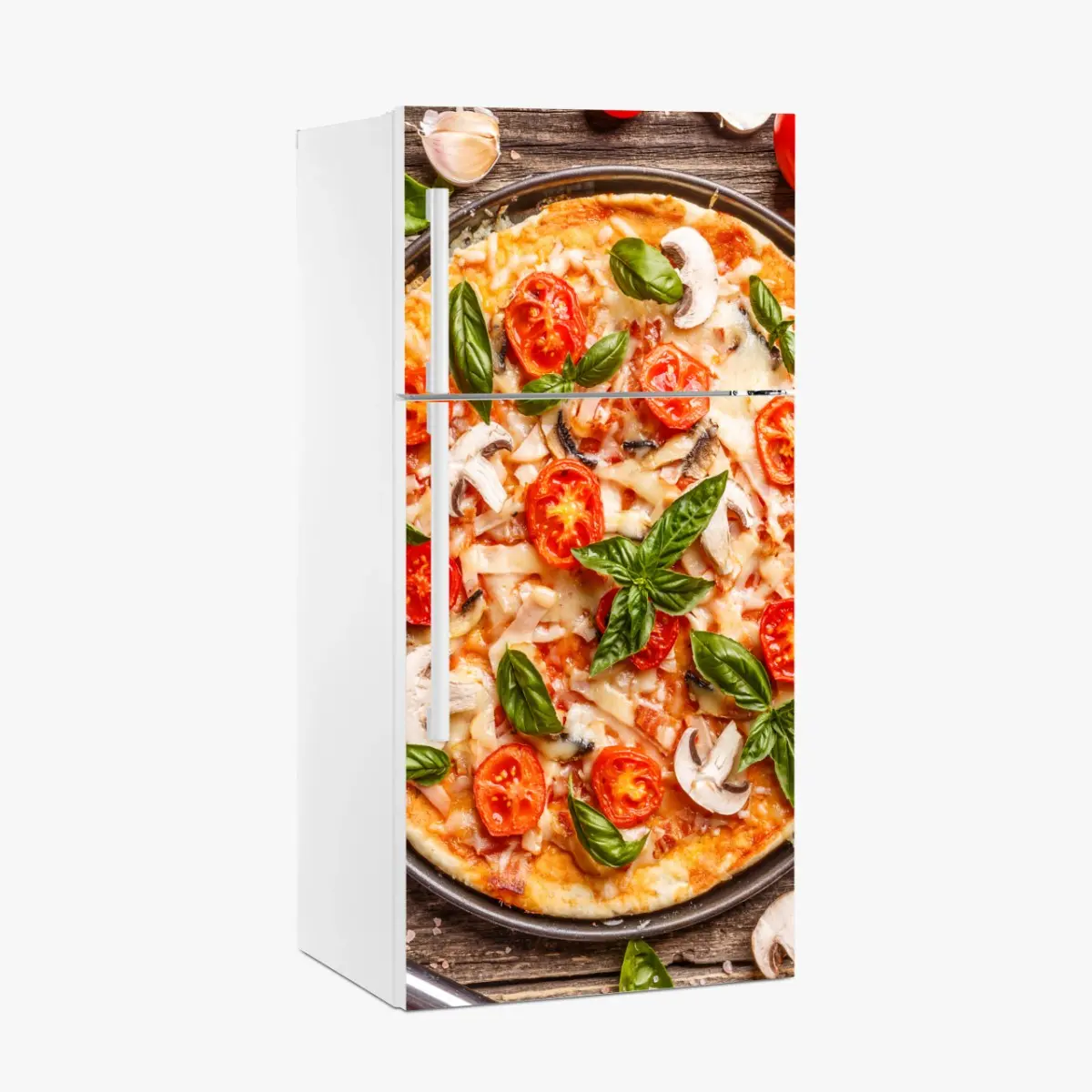 Kühlschrankaufkleber frische pizza mit basilikum und cherrytomaten – Pixers®