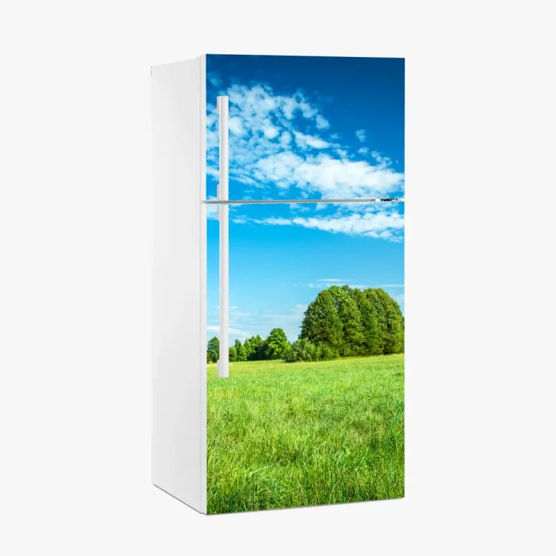 Kühlschrankaufkleber sonnige grüne wiese unter blauem himmel