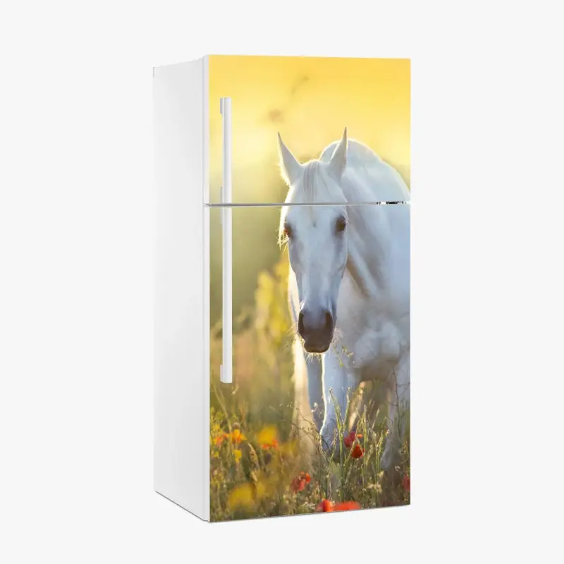 Kühlschrankaufkleber weißes pferd im mohnfeld bei sonnenaufgang