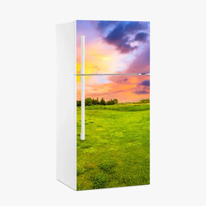 Kühlschrankaufkleber sonnenuntergang über grüner wiese