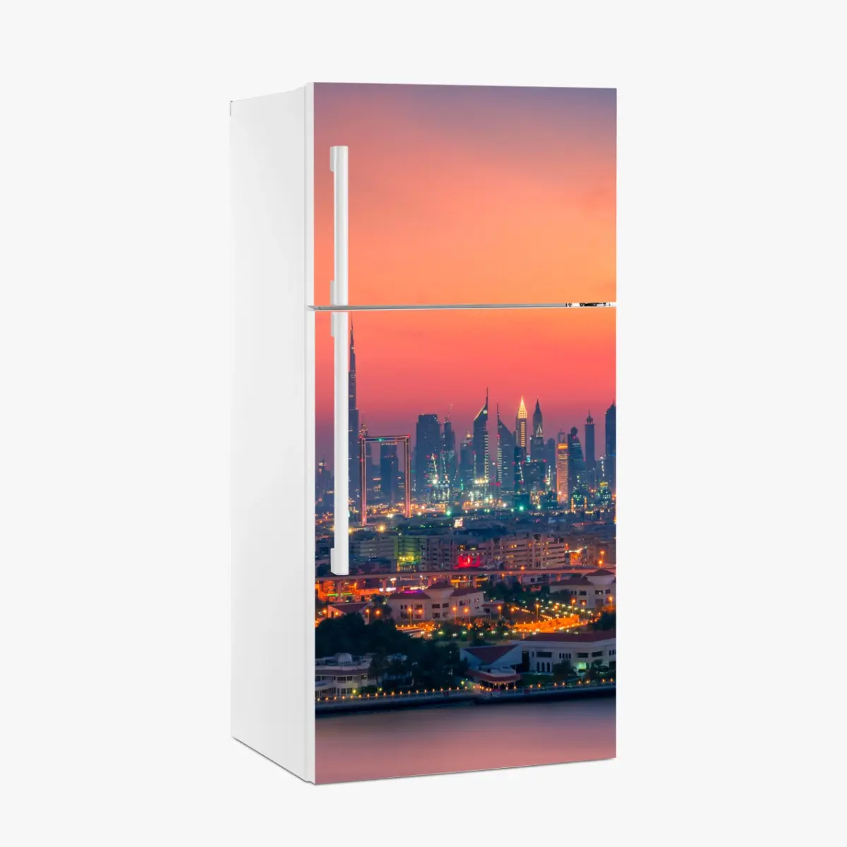 Kühlschrankaufkleber Dubai skyline bei sonnenuntergang – Pixers®