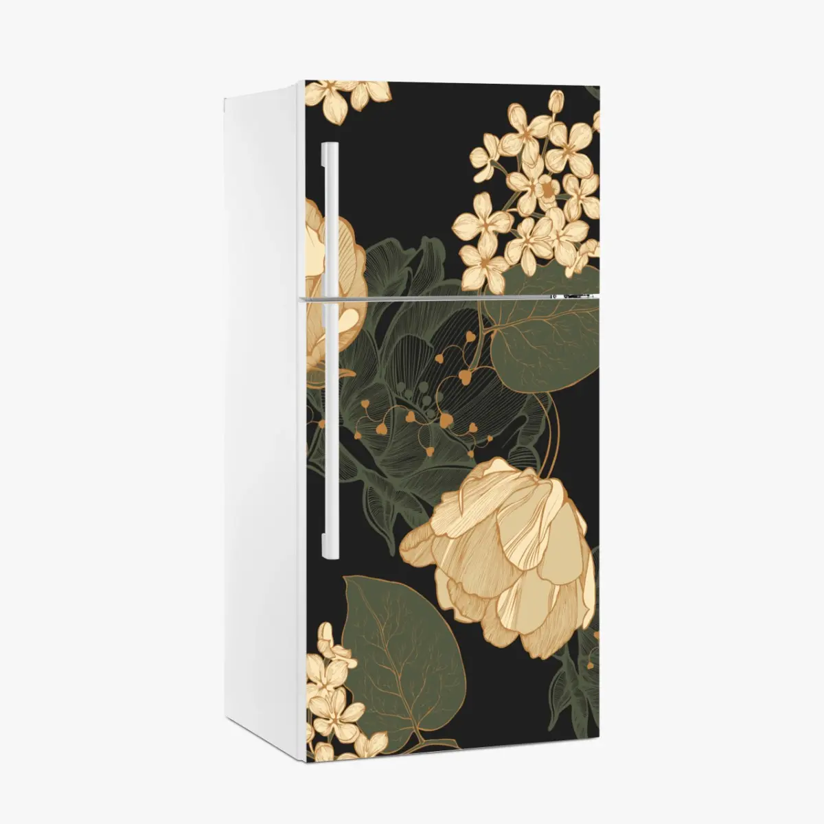 Kühlschrankaufkleber goldene pfingstrosen vor dunklem botanischem hintergrund – Pixers®
