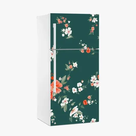 Kühlschrankaufkleber vintage korallenblumenmuster auf tiefgrünem hintergrund – Pixers®