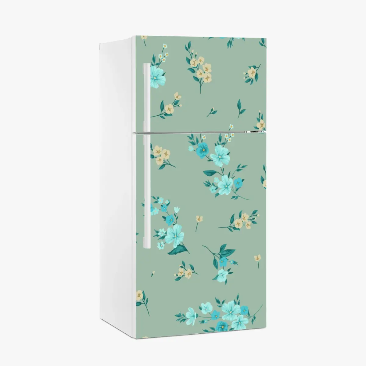 Kühlschrankaufkleber pastell türkis blumenmuster auf salbeigrünem hintergrund – Pixers®