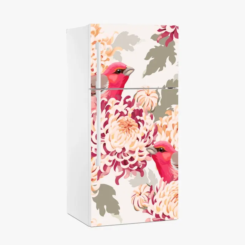 Kühlschrankaufkleber rosa vögel und chryzanthemenmuster