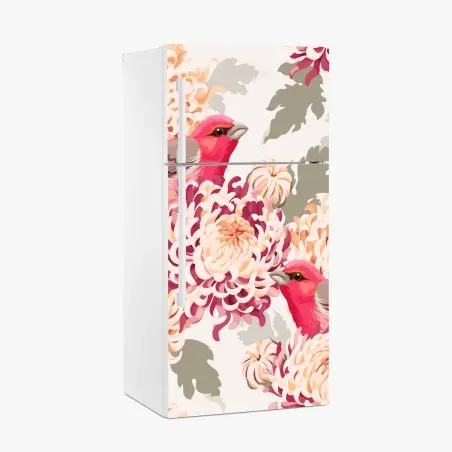 Kühlschrankaufkleber rosa vögel und chryzanthemenmuster – Pixers®