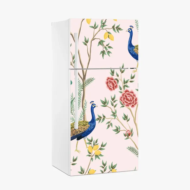 Kühlschrankaufkleber elegantes pfau- und blumenmuster auf rosa hintergrund