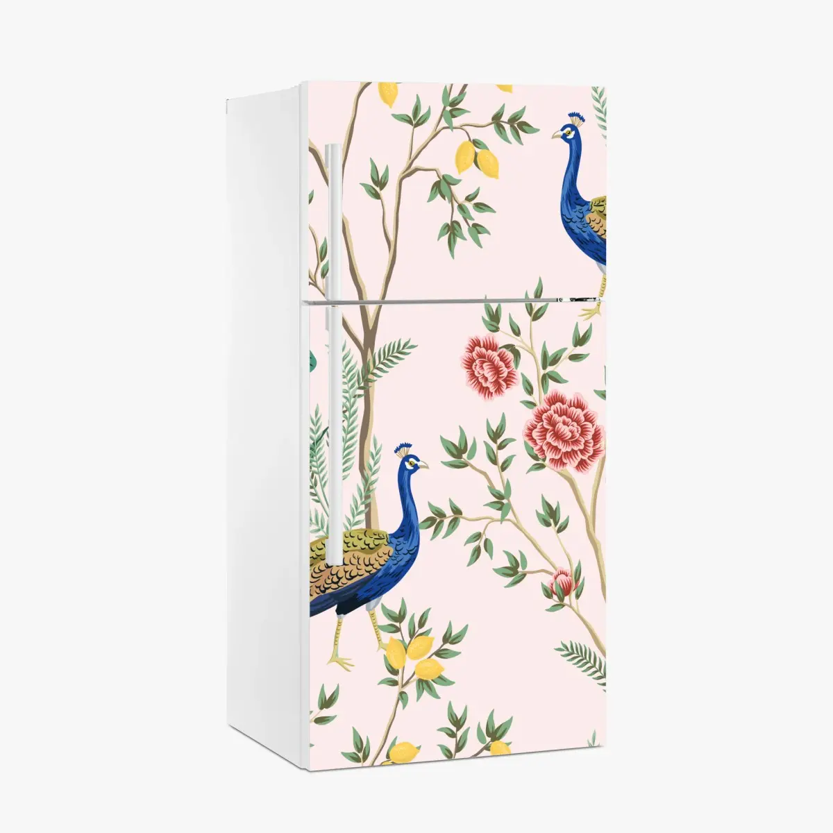 Kühlschrankaufkleber elegantes pfau- und blumenmuster auf rosa hintergrund – Pixers®