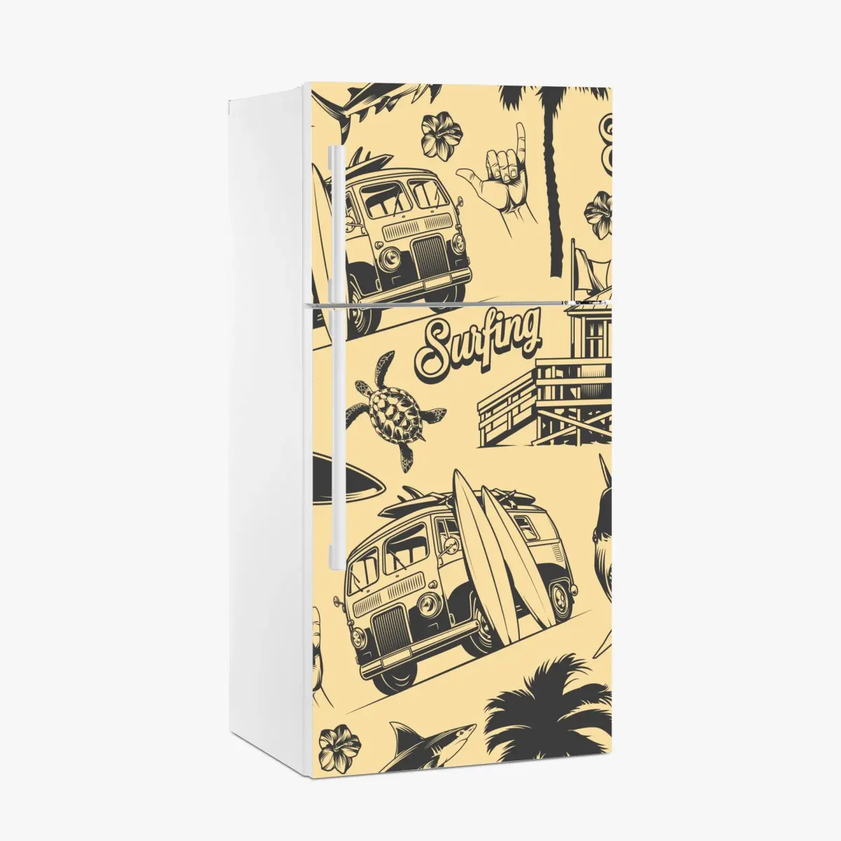 Kühlschrankaufkleber retro surfing muster mit campingbus und wellen – Pixers®