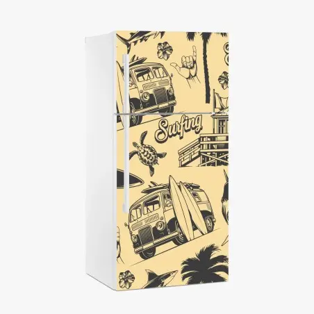 Kühlschrankaufkleber retro surfing muster mit campingbus und wellen – Pixers®