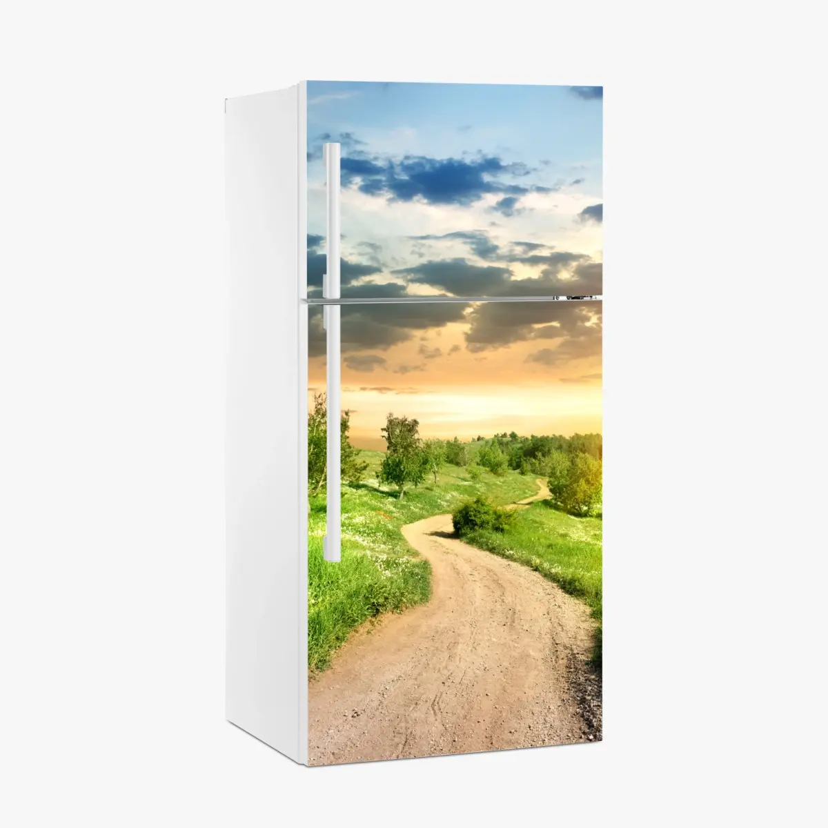 Kühlschrankaufkleber sonnenuntergang über einem feldweg durch grüne wiese – Pixers®