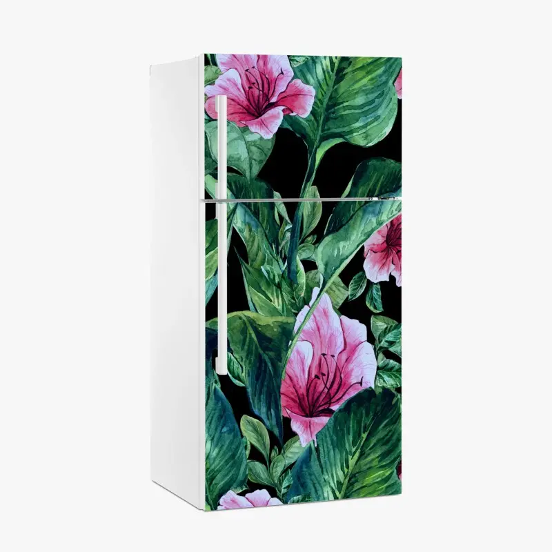 Kühlschrankaufkleber rosa aquarellblumen auf schwarzem hintergrund