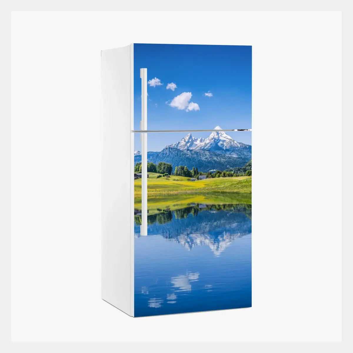 Kühlschrankaufkleber alpine spiegelung: ruhige berglandschaft – Pixers®