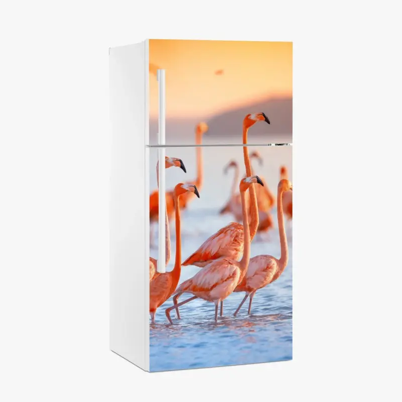 Kühlschrankaufkleber rosa flamingos bei sonnenuntergang