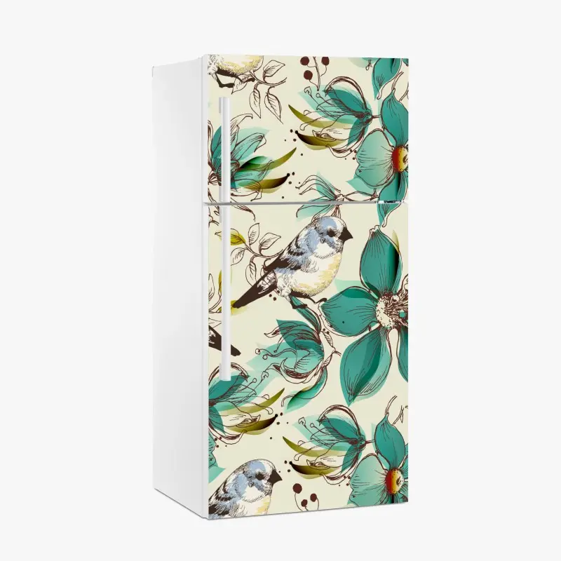 Kühlschrankaufkleber retro türkis blumen- und vogelmuster