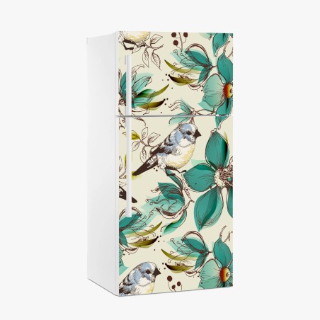 Kühlschrankaufkleber retro türkis blumen- und vogelmuster – Pixers®