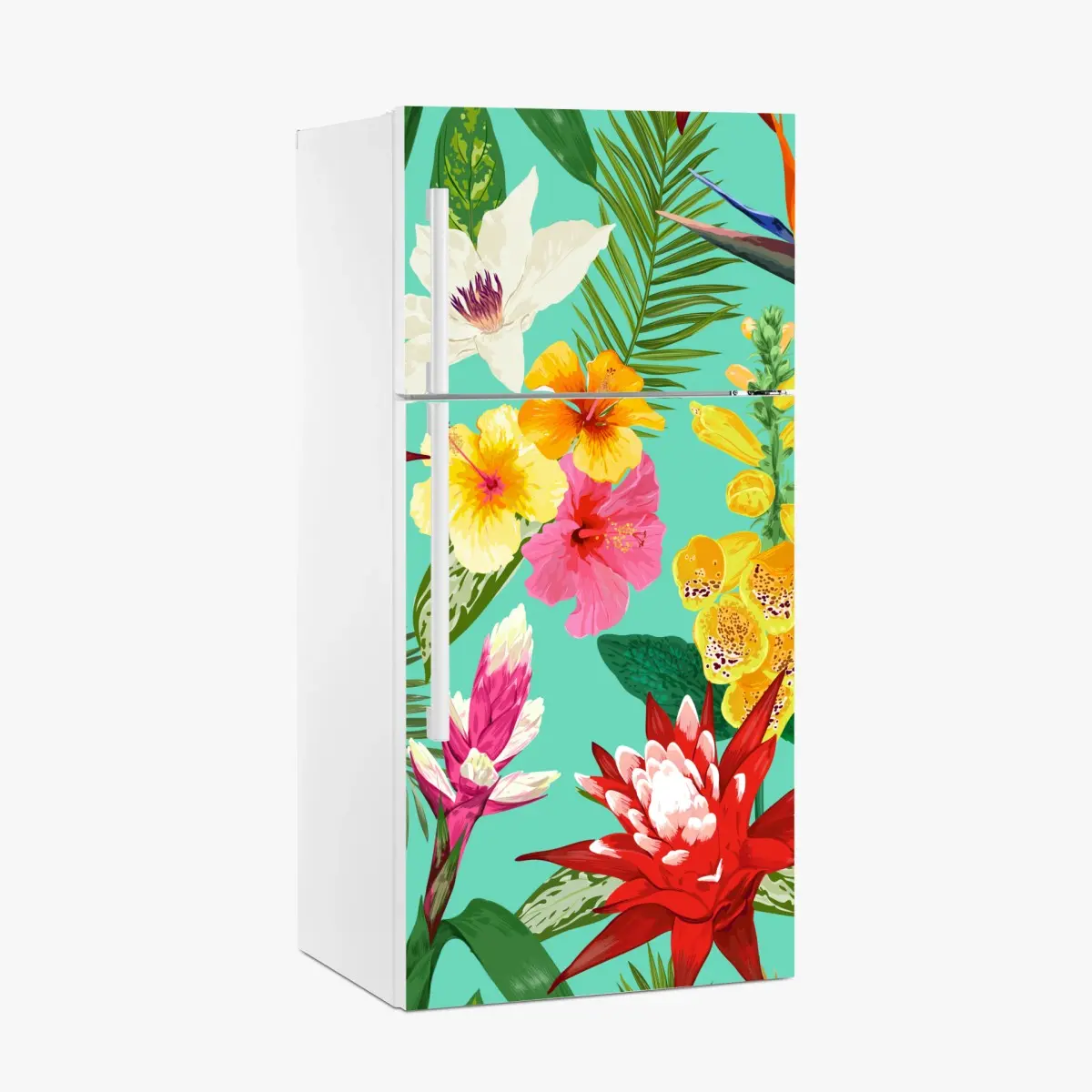 Kühlschrankaufkleber tropisches aquarell-blumenmuster mit hibiskus, tigerlilie und paradiesvogelblume – Pixers®