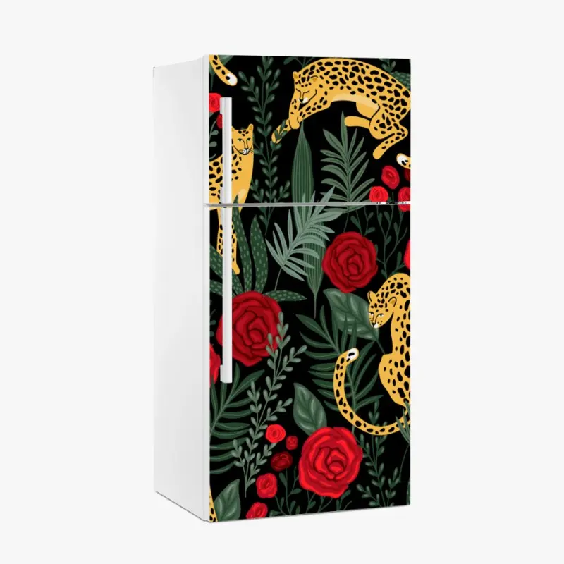 Kühlschrankaufkleber goldene geparden und rote rosen muster