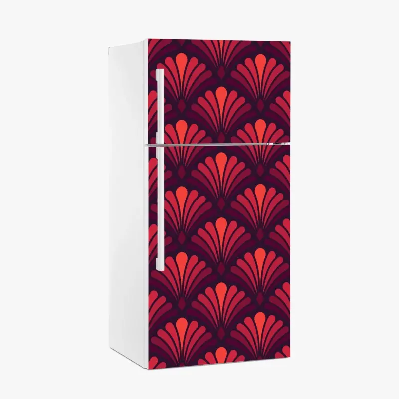 Kühlschrankaufkleber geometrisches art-déco fächermuster in warmen rot- und violetttönen