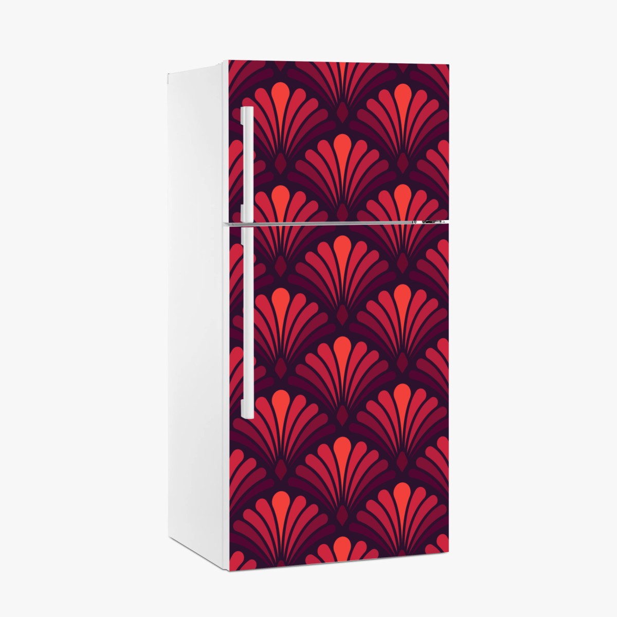 Kühlschrankaufkleber geometrisches art-déco fächermuster in warmen rot- und violetttönen – Pixers®