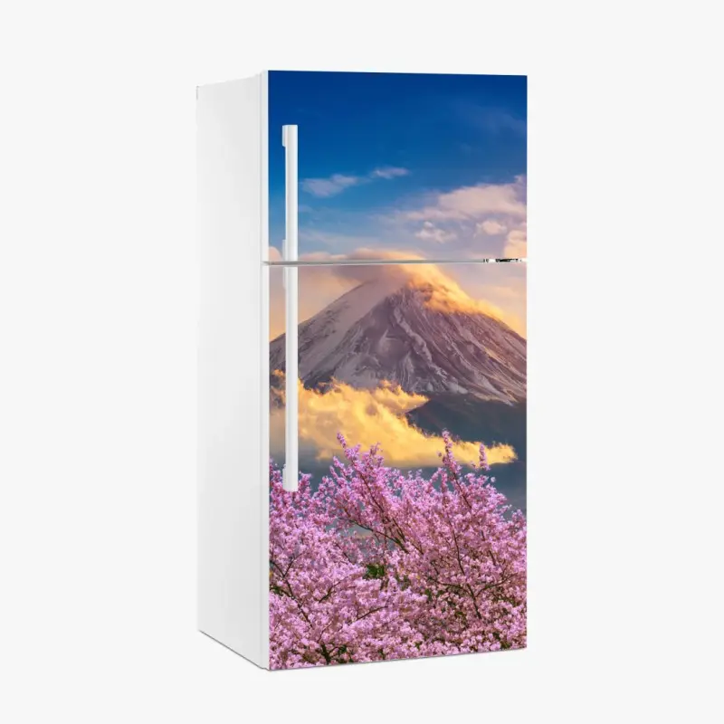 Kühlschrankaufkleber Berg Fuji mit blühenden kirschblüten bei sonnenaufgang