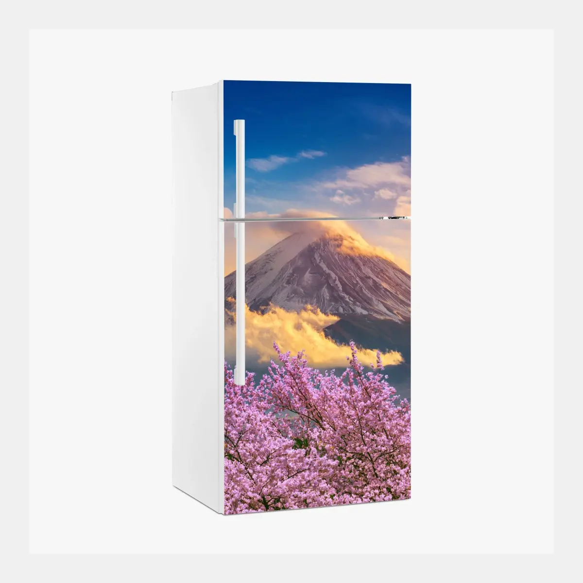 Kühlschrankaufkleber Berg Fuji mit blühenden kirschblüten bei sonnenaufgang – Pixers®