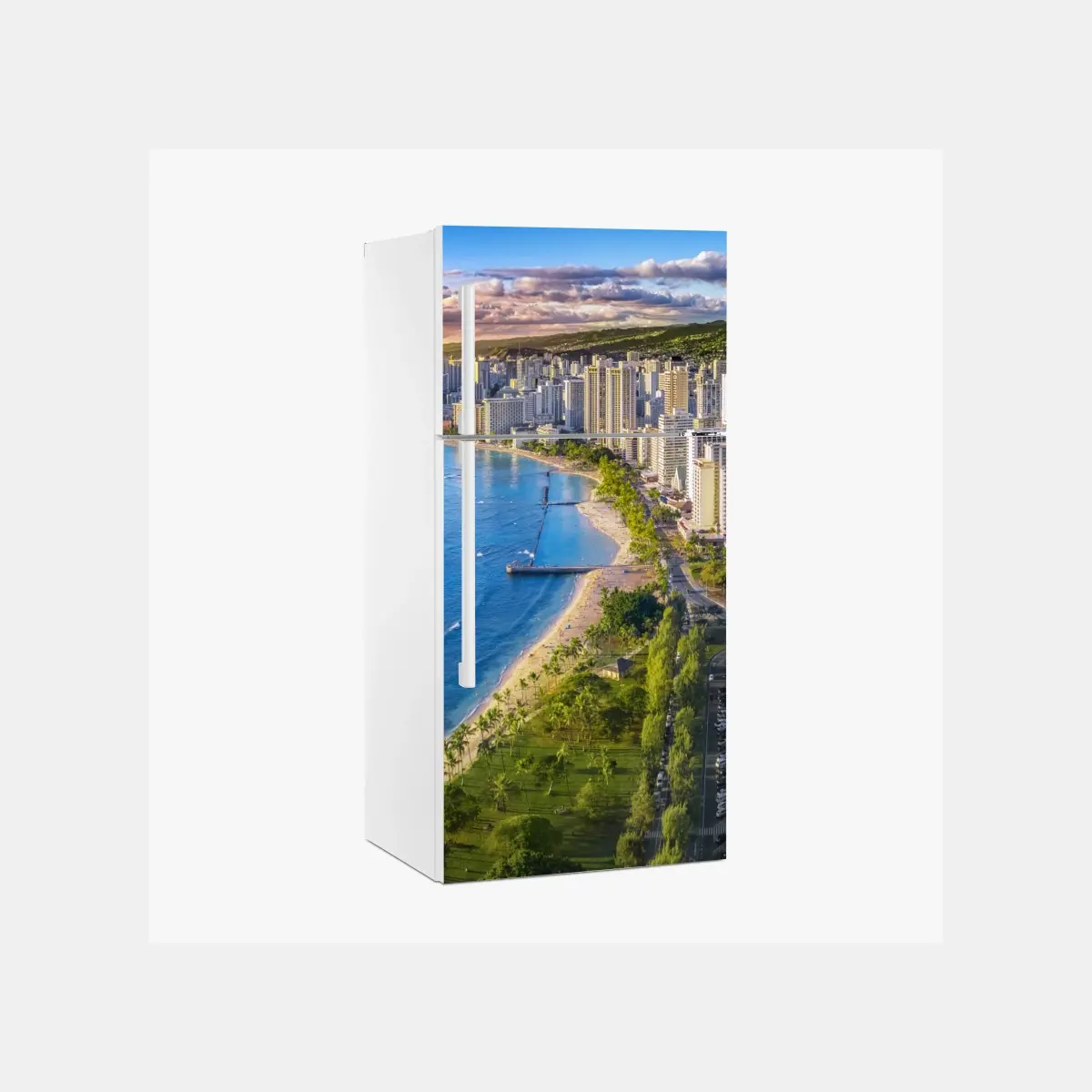 Kühlschrankaufkleber skyline einer küstenstadt bei sonnenuntergang – Pixers®