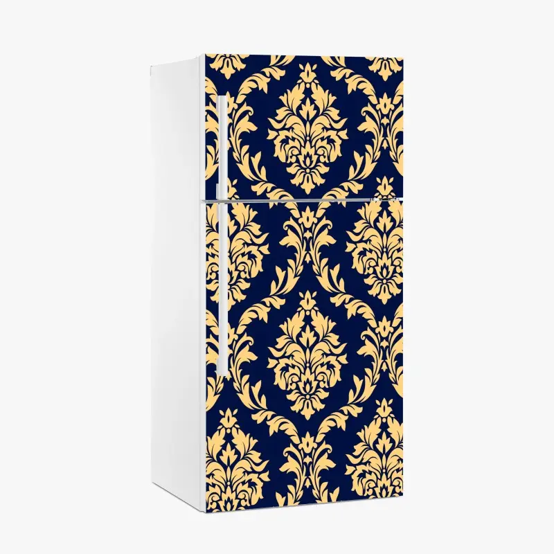 Kühlschrankaufkleber elegantes goldenes damastmuster auf tiefblauem hintergrund