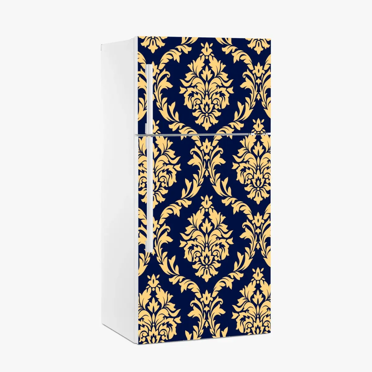 Kühlschrankaufkleber elegantes goldenes damastmuster auf tiefblauem hintergrund – Pixers®