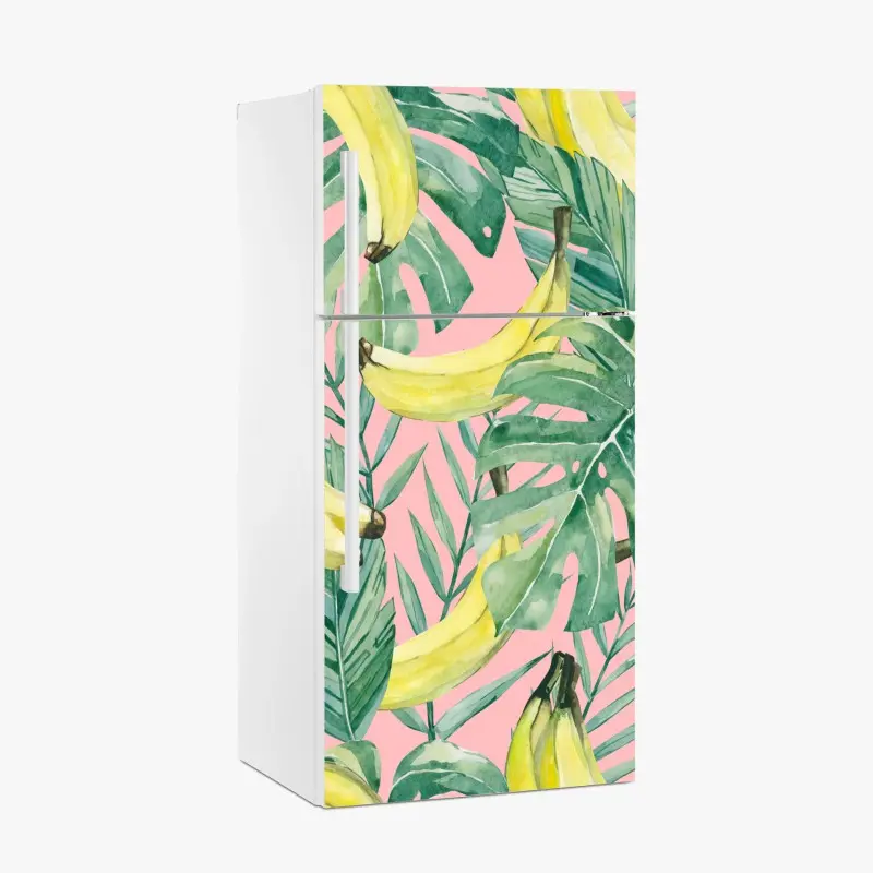 Kühlschrankaufkleber aquarell-bananen und blättermuster auf rosa hintergrund