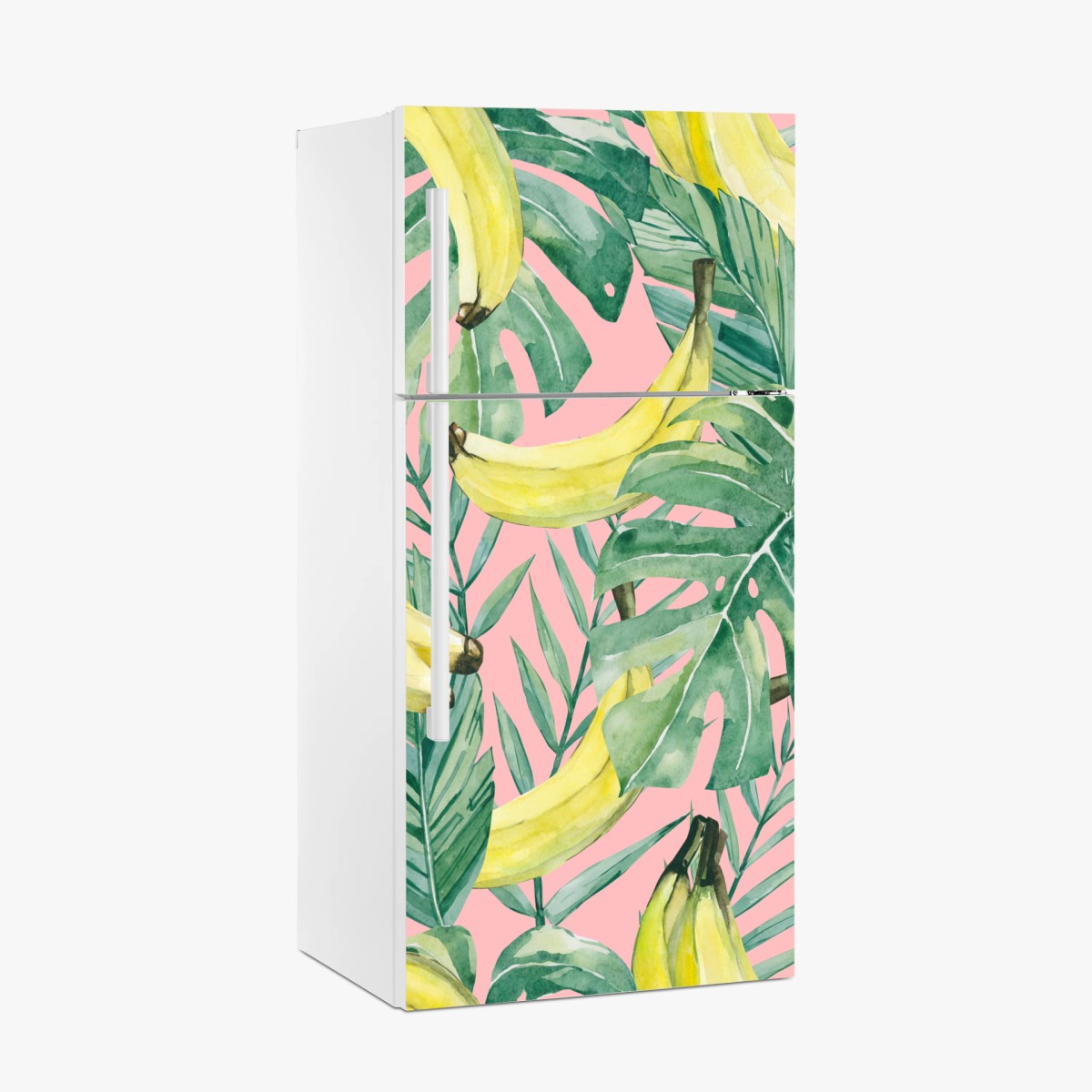 Kühlschrankaufkleber aquarell-bananen und blättermuster auf rosa hintergrund – Pixers®