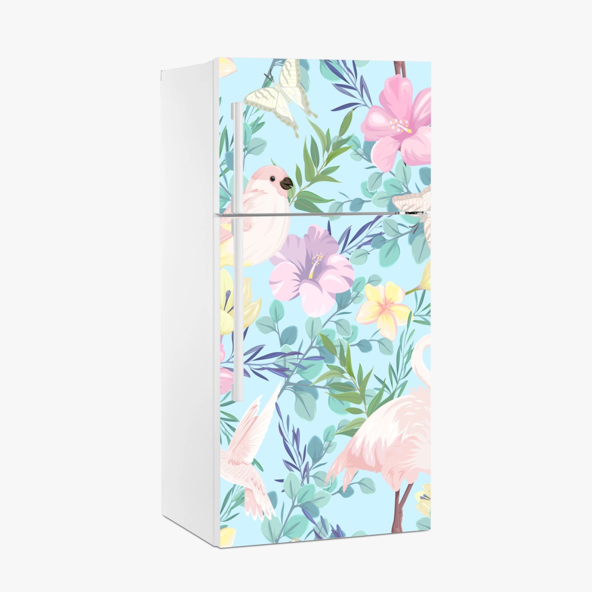 Kühlschrankaufkleber pastell tropisches vögel- und blumenmuster – Pixers®