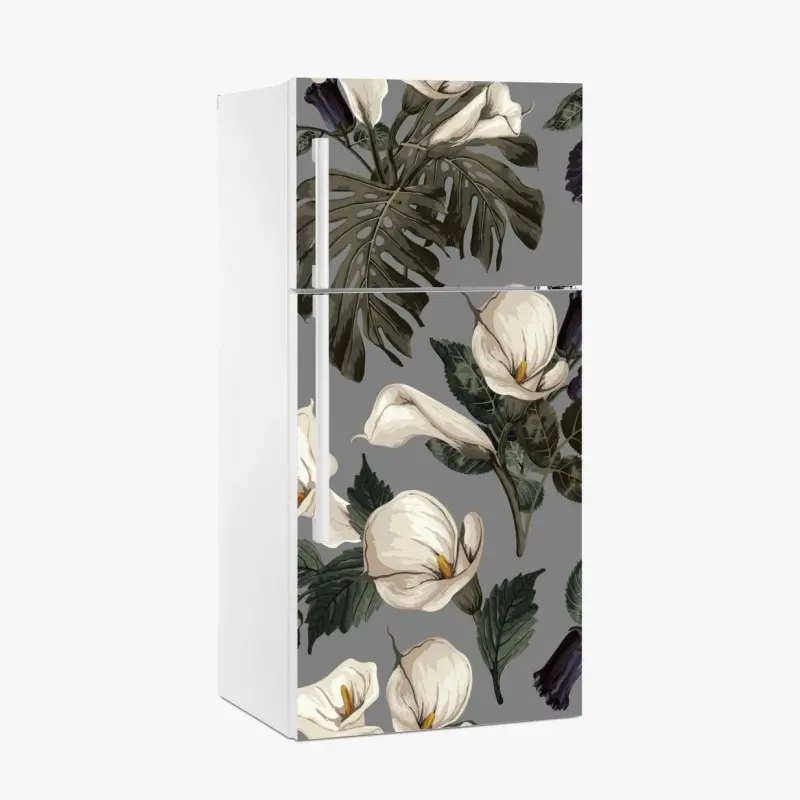 Kühlschrankaufkleber vintage calla blumenmuster auf grauem hintergrund