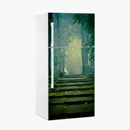 Kühlschrankaufkleber moosbedeckte steintreppe in den nebligen wald – Pixers®