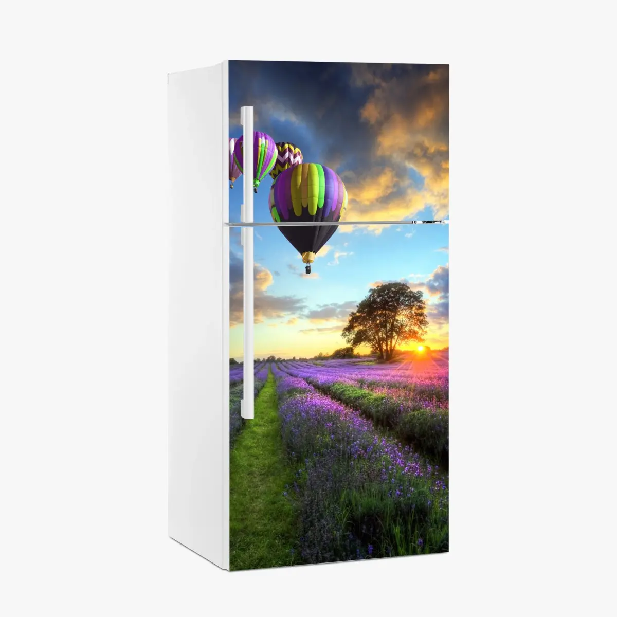 Kühlschrankaufkleber lavendersonnenuntergang mit bunten heißluftballons – Pixers®