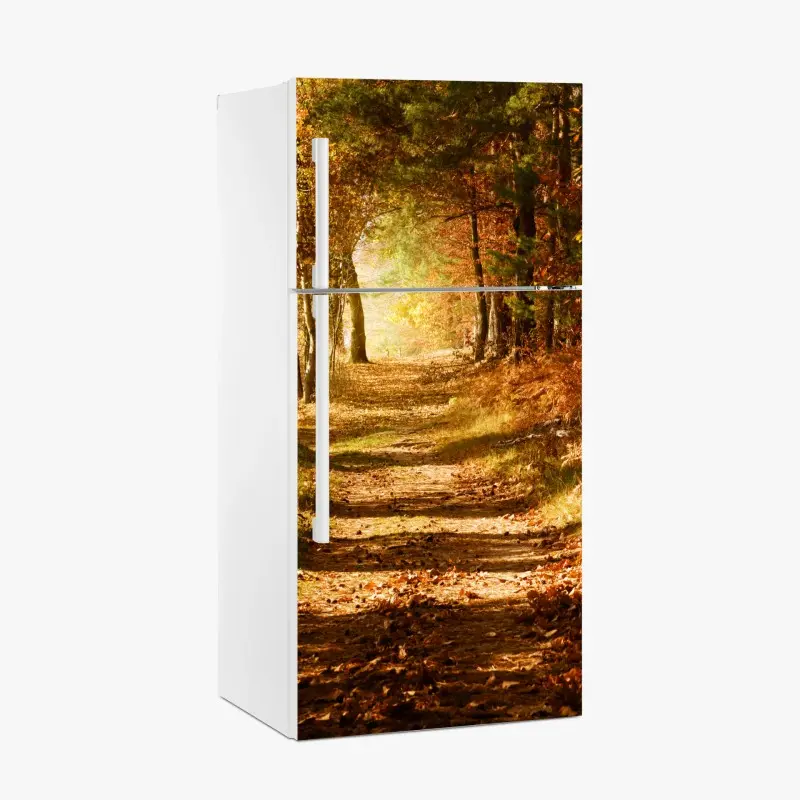 Kühlschrankaufkleber herbstlicher waldweg mit goldenem licht