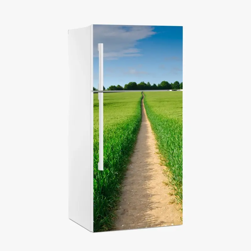 Kühlschrankaufkleber sonnenbeschienener weg durch grüne wiese