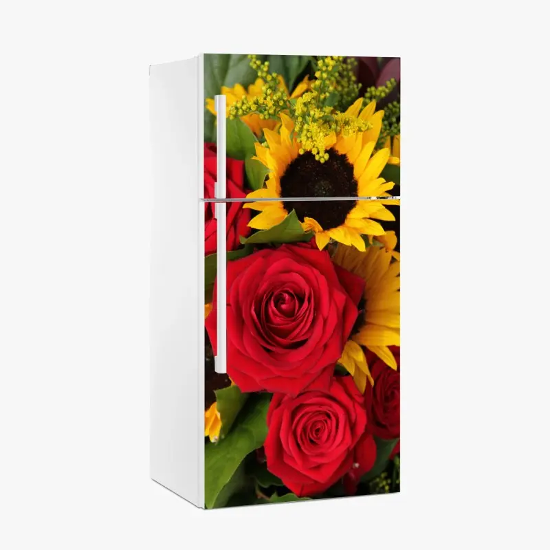 Kühlschrankaufkleber rote rosen und sonnenblumen im bukett