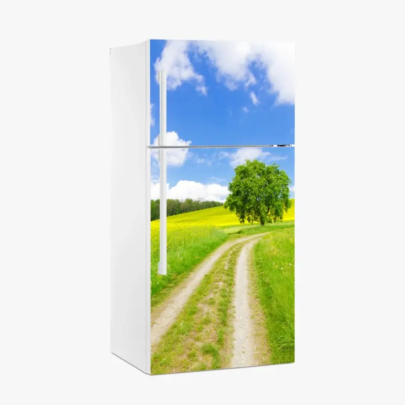 Kühlschrankaufkleber sonniger feldweg mit einsamem baum