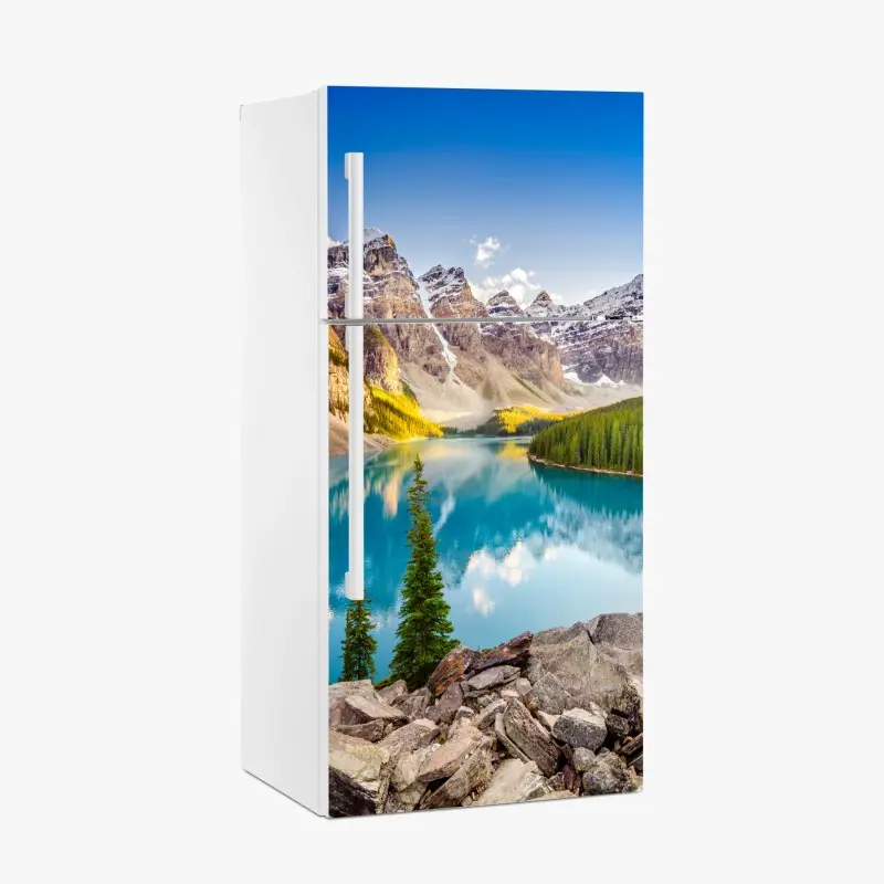 Kühlschrankaufkleber sonnenbeschienenes Moraine Lake bergpanorama
