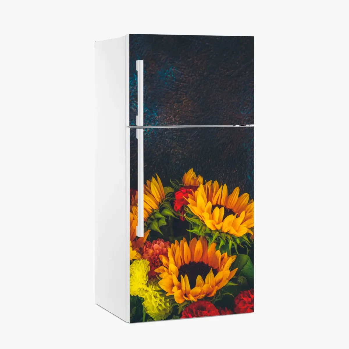 Kühlschrankaufkleber lebendiger sonnenblumenstrauß vor dunklem hintergrund – Pixers®