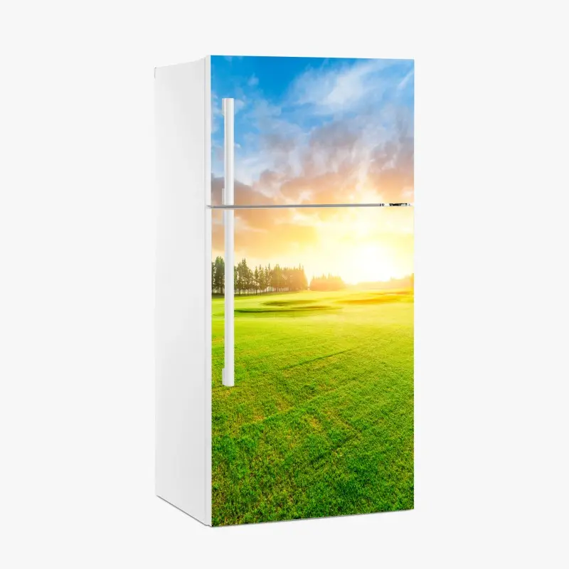 Kühlschrankaufkleber sonnenbeschienene wiese und wald bei sonnenaufgang