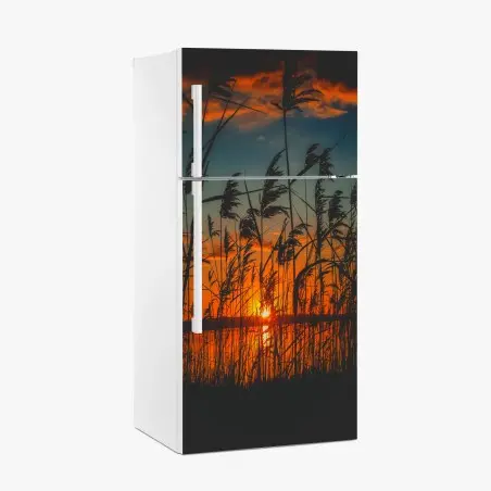 Kühlschrankaufkleber sonnenuntergang am see mit schilf-silhouette – Pixers®